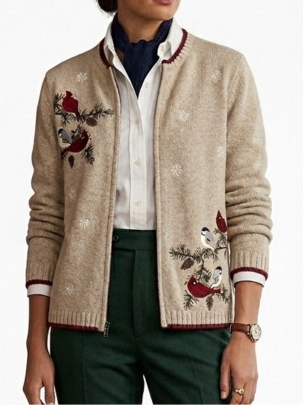 Vintage Croft & Barrow Silk Blend Bird Detail Holiday Zip Front Sweater Size XL